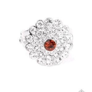 Effervescent Crescendo Brown Paparazzi Silver-Tone Floral Ring with Amber Center